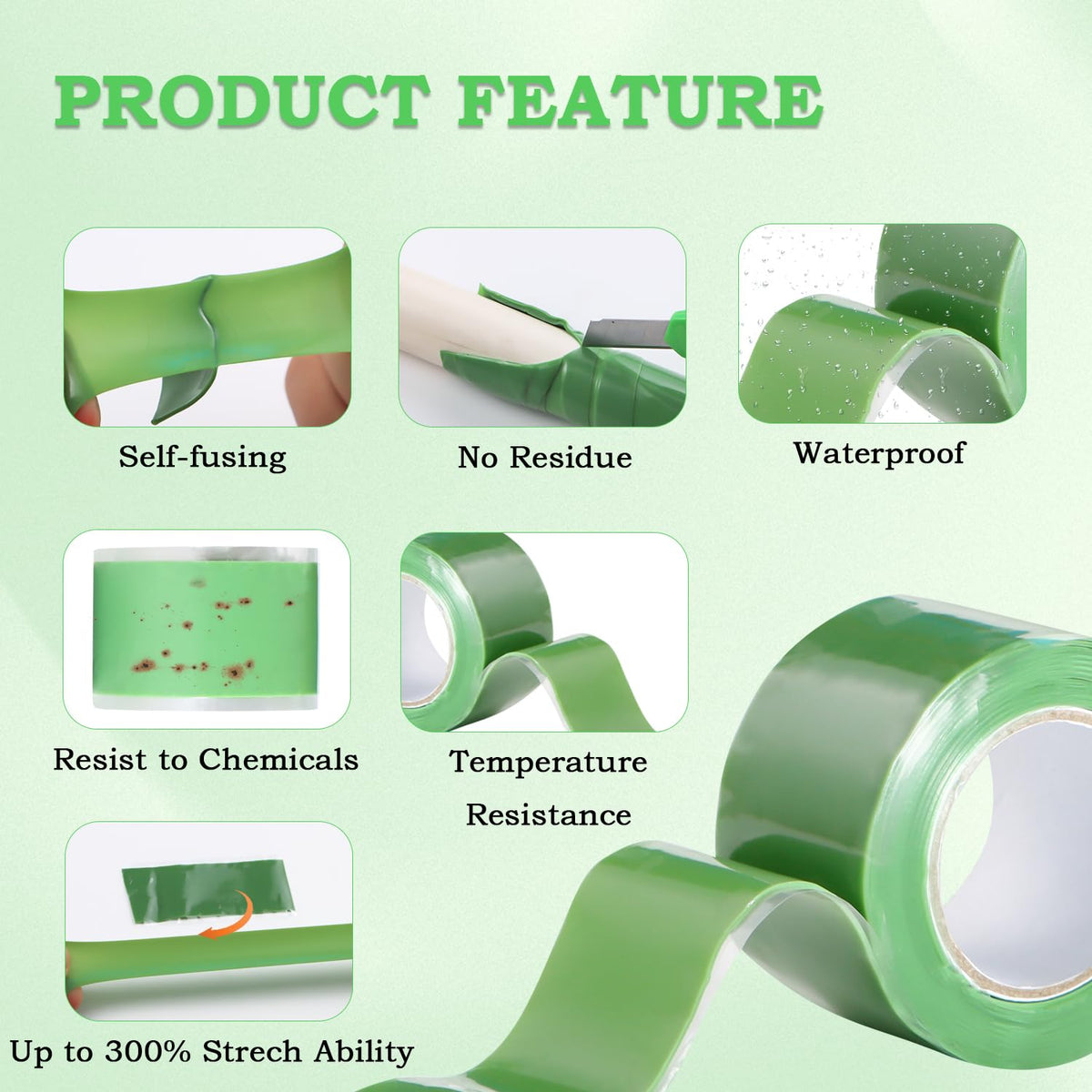 Self Fusing Silicone Tape 1 in x 5' Green Waterproof Rubber Leak Proof Sealing Rubber Self-amalgamating Tape for Emergency Hot and Cold Water Pipe Repairs and Tool Fixation