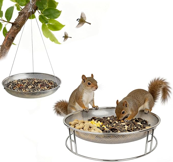 13-Inch Ground Feeding Platform for Birds, Squirrels, Ducks, Chicken, Stainless Steel Bird Feeders Combination with Additional Hanging Mesh Tray, Attracting Small Creatures for Backyard, Patio