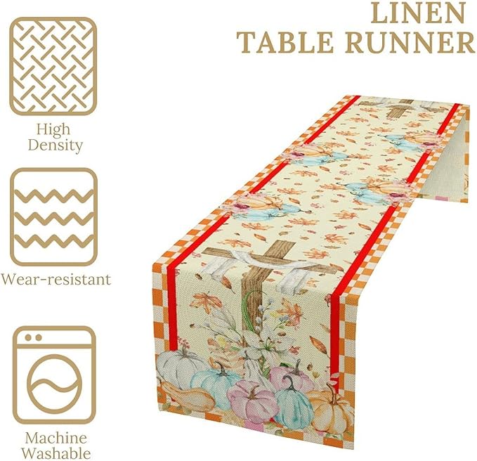 Watercolor Pumpkin Table Runner Fall Flowers Falling Leaves Cross Harvest Season Thanksgiving Rustic Home Decor for Farmhouse Indoor Outdoor Party Holiday Dining Kitchen Restaurant Cafe W13xL90in