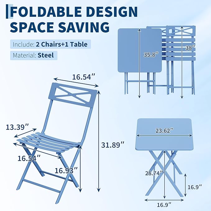 Outdoor Square Bistro Set 3 Piece, Blue Iron Tube Patio Furniture Set with Square Table & 2 Chairs, Foldable Steel Backyard Deck Porch Garden , Space Saving Outdoor Dining Set for Small Spaces