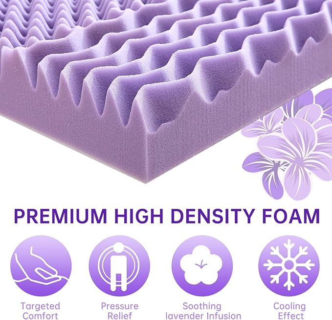 MUXHOMO 3-Inch King Mattress Topper, 7-Zone Egg Crate Foam for Back Pain Relief, Cooling Gel-Infused Lavender Bed Pad, CertiPUR-US & Oeko-TEX Certified