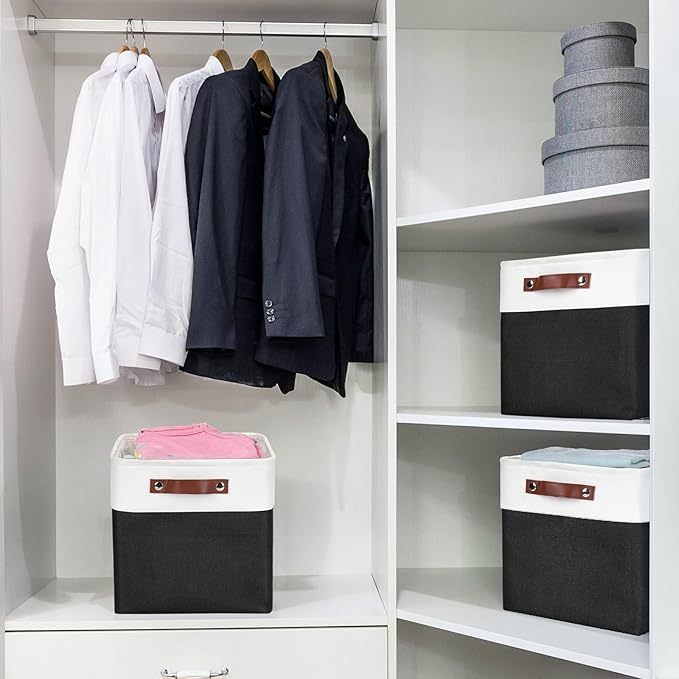 Collapsible Fabric Storage Cubes 11x11 Cube Storage Bins, 4 Pack Closet Baskets Box with Handles for Organizing, Shelf, Toys, Clothes, Home, Office, Nursery (Black&White)