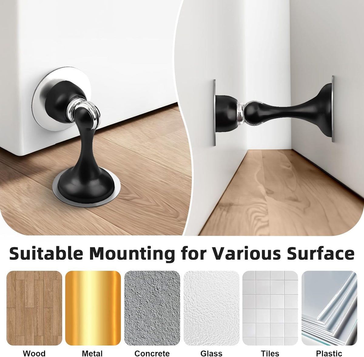 Probrico Black Magnetic Door Stoppers for Bottom of Door, Stainless Steel Magnet Door Catch Door Stops to Keep Door Open, Heavy Duty Door Holder, Wall and Floor Mounting, 6 Pack