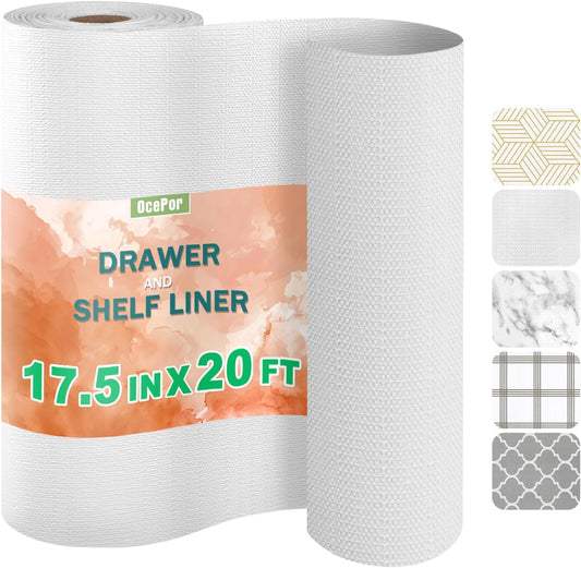 OcePor Non-Adhesive Drawer and Shelf Liner 17.5IN x 20FT，Non Slip Cabinet and Cupboard Liner, Kitchen Cabinet Liners for Shelves, Waterproof Drawer Shelf Liners for Cabinets/Bathroom Cupboard, White