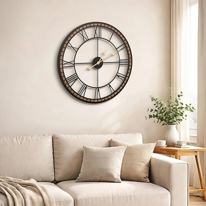 Micasso Large Farmhouse Wall Clock: 24 inch Modern Metal Black