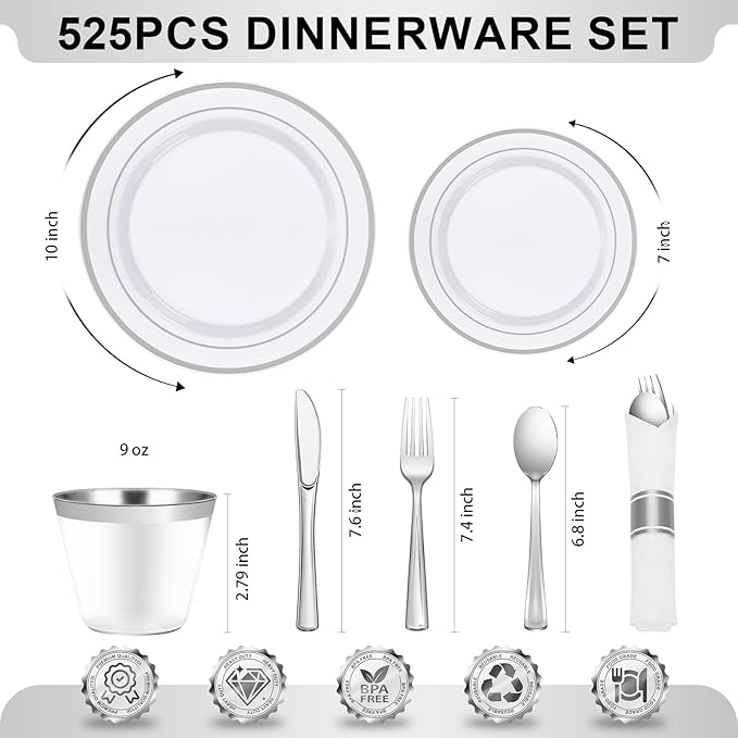 BESTVIP 525PCS Silver Plastic Dinnerware Set for 75 Guests, Disposable Plates for Party, Include: 150 Plastic Plates, 75 Pre Rolled Napkins with Silver Silverware, 75 Cups for Christmas