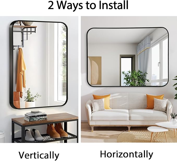 22x30 Inch Black Wall Mirror for Bathroom, Brushed Metal Framed Mirror