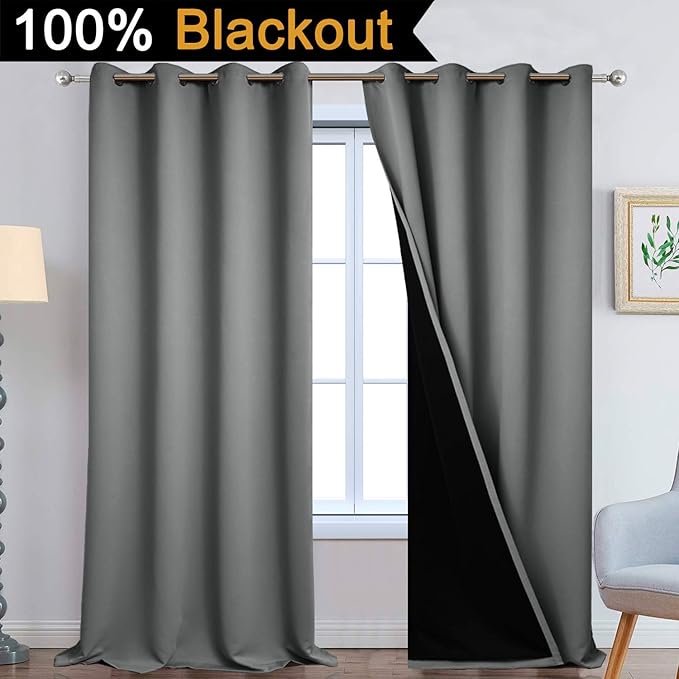 Yakamok Gray 100% Blackout Curtains Energy Saving Thermal Insulated 2 Thick