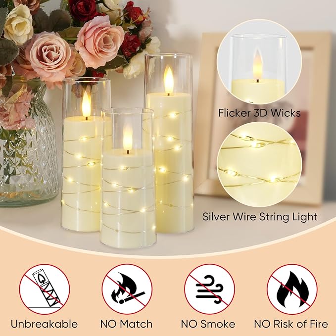 Raycare Flameless Candle with Remote Timer, 7 Flickering Acrylic Battery Operated LED Pillar Candles with Embedded Star String for Christmas, Home Decor, and as a Gift(Ivory)