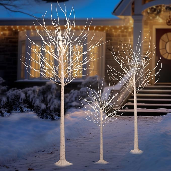 4ft & 6ft & 8ft LED Birch Tree Set, with Warm White Lights for Outdoor Indoor Christmas & Wedding Decor (3 Sizes Pack)