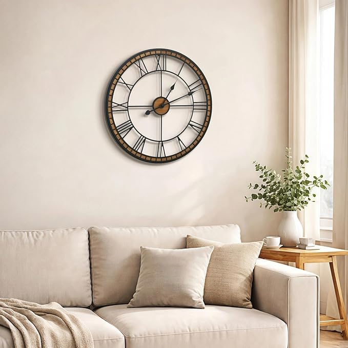 Micasso Large Farmhouse Wall Clock: 20 inch Modern Metal Black