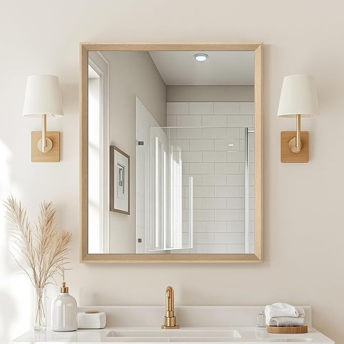 Oak Wood Effect Framed Wall Mirror, 30x36 Rectangle Mirror, Anti-desilvering