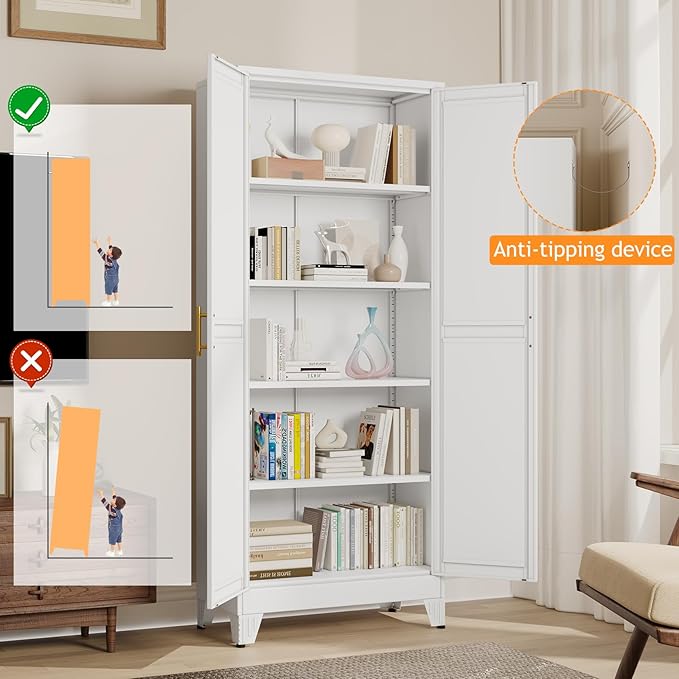 71" Tall Metal Pantry Storage Cabinet with Doors and 4 Adjustable Shelves, White Kitchen Food Pantry Cabinets, Tall Freestanding Cupboard for Kitchen, Dining Room or Living Room