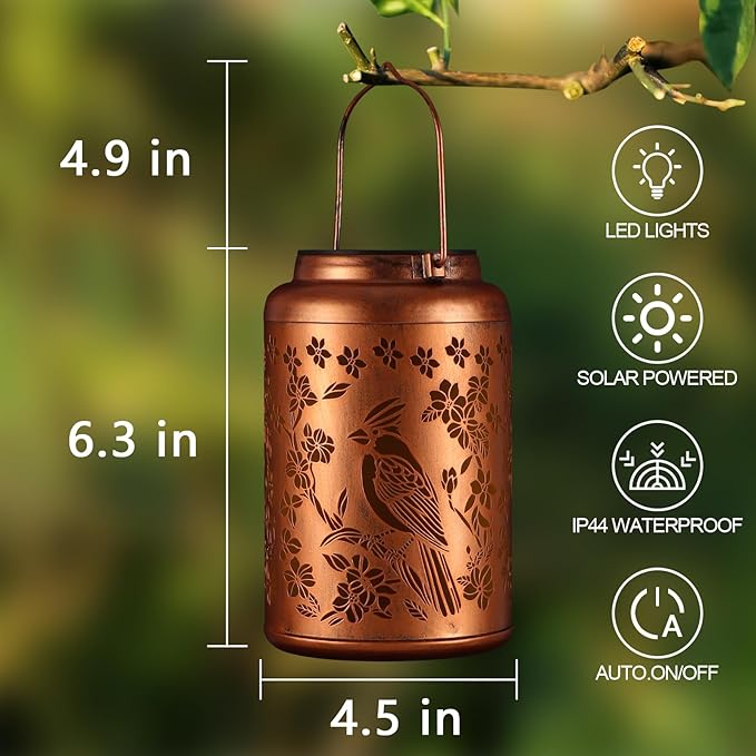 Red Bird Solar Lanterns Outdoor Waterproof Garden Decor Birthday Gifts for Women Mom Grandma Hanging Lights Metal Decoration Outside for Yard, Patio,Backyard,Porch