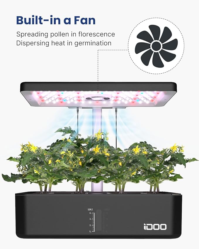 iDOO Hydroponics Growing System Kit 12Pods, Indoor Herb Garden with LED Grow Light, Built-in Fan, Auto-Timer, Adjustable Height Up to 11.3", for Home School Office, Gifts for Women Men Fathers