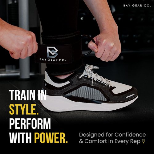 Bay Gear Co. Ankle Straps - Neoprene Padded for Comfortable Glute Workouts | Adjustable Fit, Slick Black D-Ring