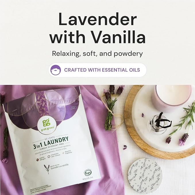 Grab Green 3-in-1 Laundry Detergent Pods, Lavender Vanilla Scent, Plant and Mineral Based, Superior Cleaning Power, Stain Remover, Brightens Clothes, White, 132 Count