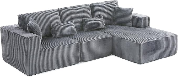 L Shaped Modular Boneless Sectional Couches for Living Room, Wide Armrest, Deep Seat, Memory Foam, Assembly Free, Modern Comfy Corduroy Fluffy Cloud Sofa with Right Chaise, Grey