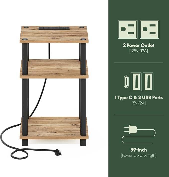Furinno JUST Side Table Set of 2, 3-Tier Modern End Table with Charging Station, Open Shelf Night Stand, Bedside Table with USB and Type-C Port, for Living Room, Bedroom, Flagstaff Oak