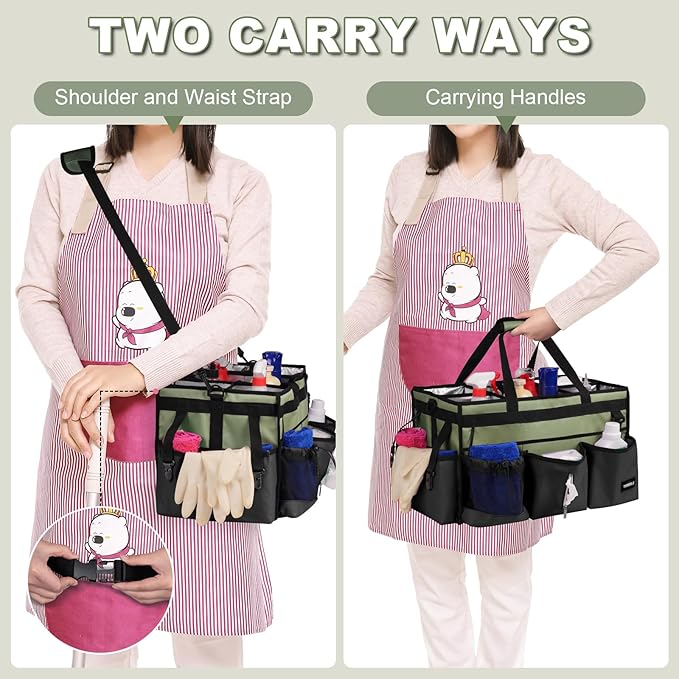 Large Cleaning Caddy Bag with Built-In Support Board, Cleaning Tote Organizer with Removable Divider, Supply Carryall with Adjustable Shoulder Strap and Waist Belt for Cleaners & Housekeeper