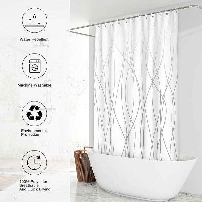 Punkray Ombre Grey Shower Curtain for Bathroom with Hooks Shower Curtain Set Stripe Bath Curtains Decorative White Shower Curtains Water Repellent Washable, 72 x 72