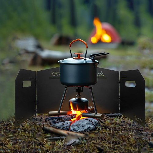 KOYILTD 4 Plates Camping Stove Windscreen Metal Wind Blocker Folding Stove Windshield with Storage Bag Stove Wind Screen for Outdoor Camping Accessories for Camping, Hiking, Cooking, Picnic (Model 1)