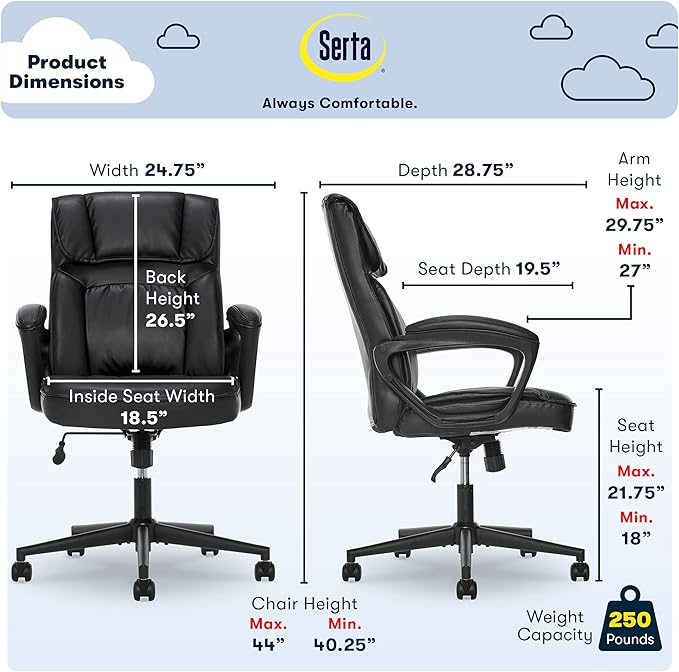 Serta Hannah Executive Home Office Desk Chair, Ergonomic Mid-Back with Lumbar Support, Firm Seat Cushion, Layered Body Pillows, Padded Armrests, Swivel Base, Easy Assembly, Bonded Leather, Black