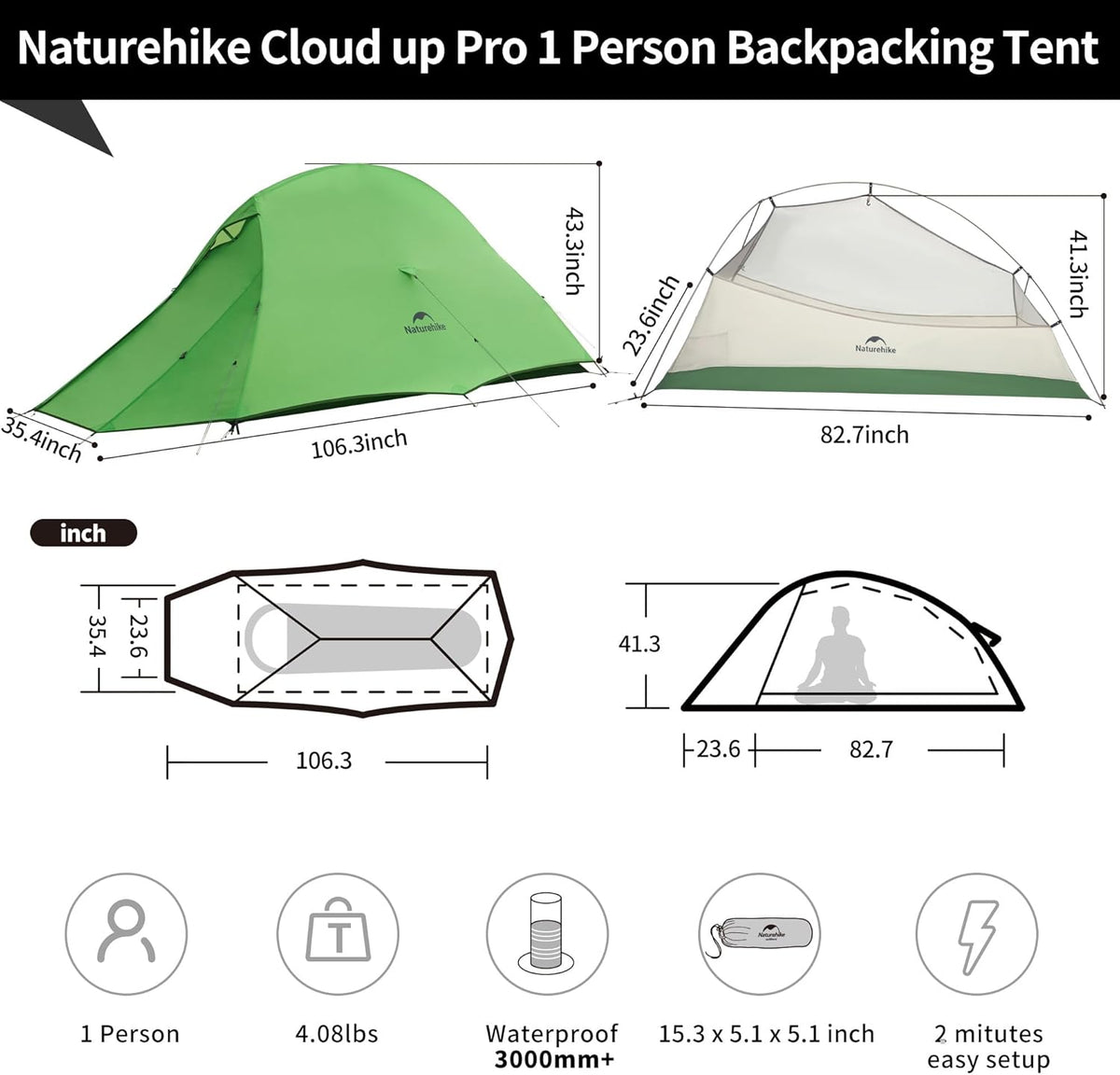Naturehike Cloud-Up 1 Person Tent, Lightweight Backpacking Tents for One Man, Waterproof Ultralight One Person Tent for Camping Hiking Backpacking