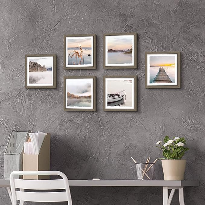 Framed Lake Photo Wall Art: Modern Warm Bright Landscape Painting Relaxing Various Mountain Water View Prints Frames Natural Foggy Forest Gallery Artwork 6 Pieces Small Sunrise Picture for Bedroom