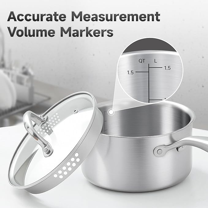 1.5 Quart Stainless Steel Saucepan with Glass Strainer Lid, Thicken Tri-ply Full Body, Multipurpose Sauce Pot with Two-Size Drainage Holes Lid, Perfect For Boiling Gravies, Pasta, Noodles