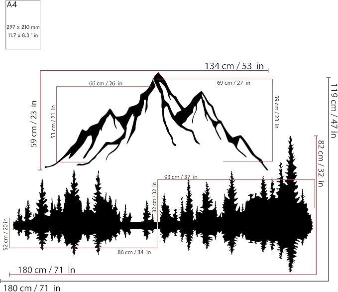 WOCHMANN,Mountain Lake Forest Large Metal Wall Art Black Minimalist Nature Silhouette Wall Decor Outdoor Landscape Wall Sculpture for Living Room, Bedroom, Kitchen or Office (Black, 71W'' x 47L'', Unframed)