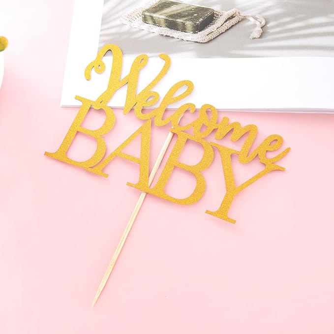 Gold Welcome Baby Cake Topper - Golden Glitter Baby Shower Cake Topper, Gender Reveal Celebration Party Cake Decoration