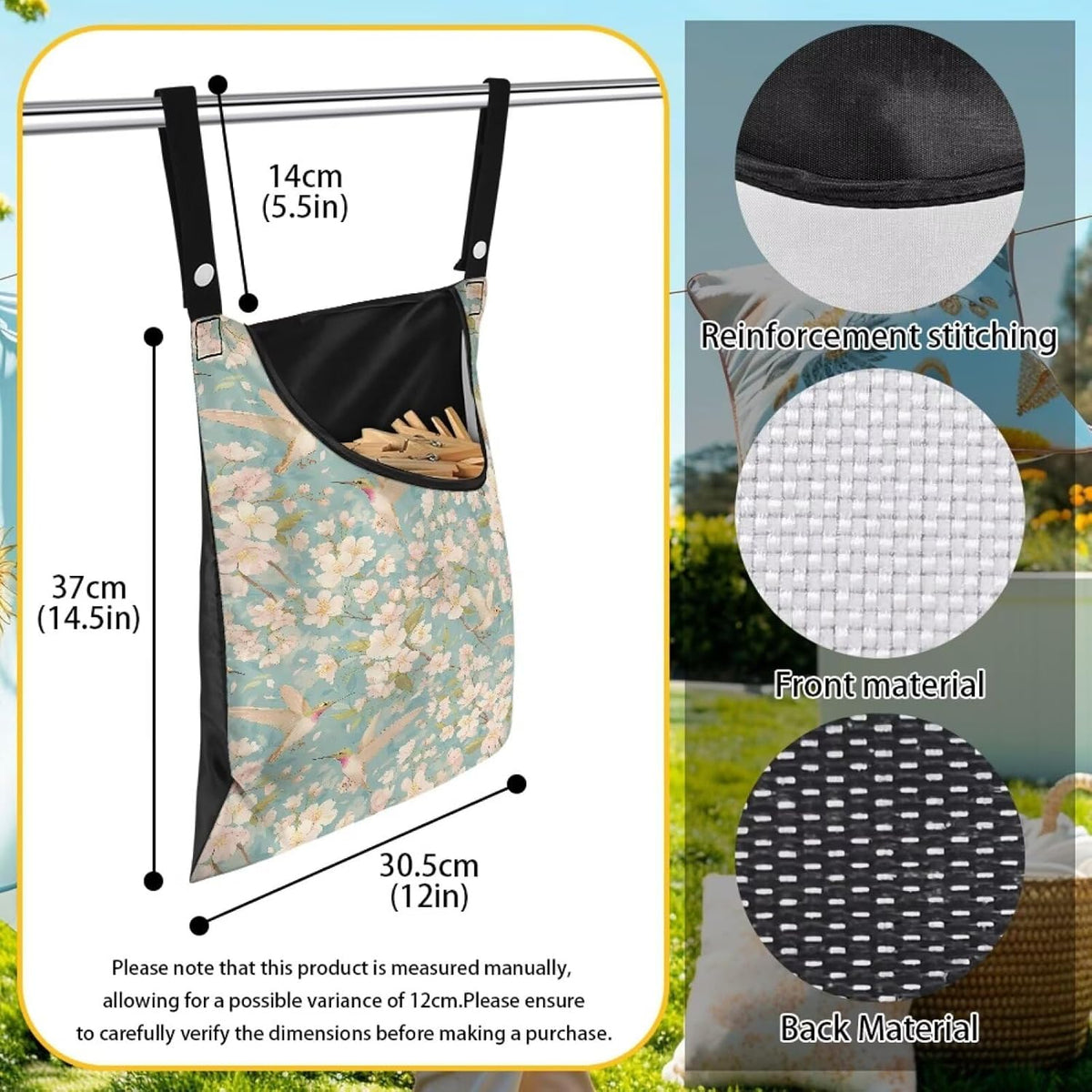 Clothespin Bag, Hanging Laundry Bag, Clothes Lines for Hanging Clothes Outside, Hanging Storage Organizer with Hanging Rope for Home Outdoor - Flower and Bird
