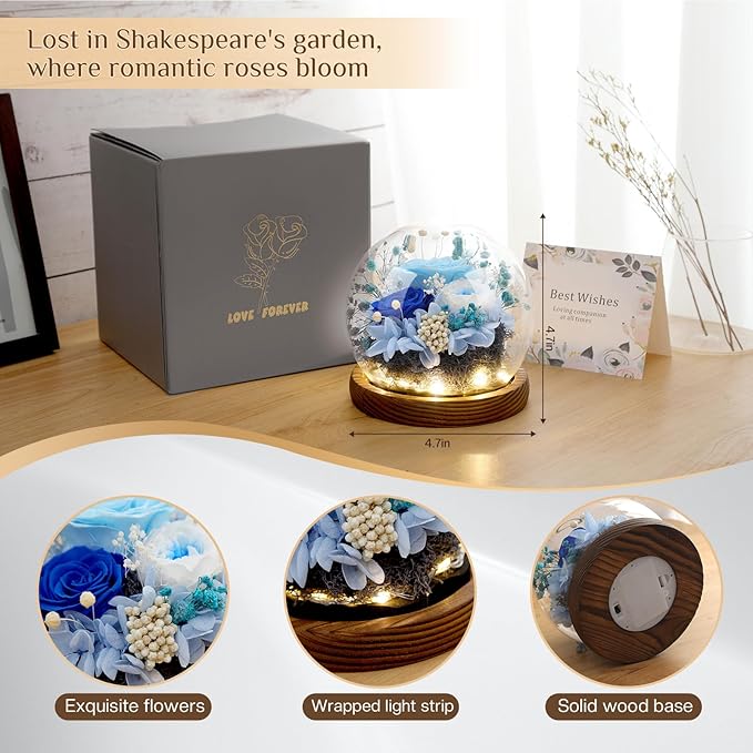 Preserved Flowers,Rose in Glass Dome with LED Light, Gifts for Her, Women, Mom,Grandma,Girlfriend, Wife - Style6