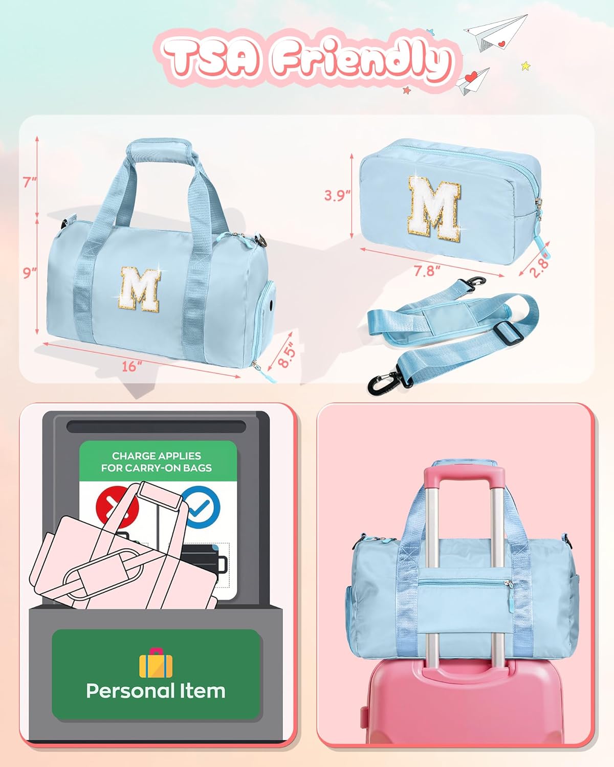 Skiennix Girl Gym Bag - Personalized Weekender Tote with Shoe Compartment & Makeup Pouch (Letter D)