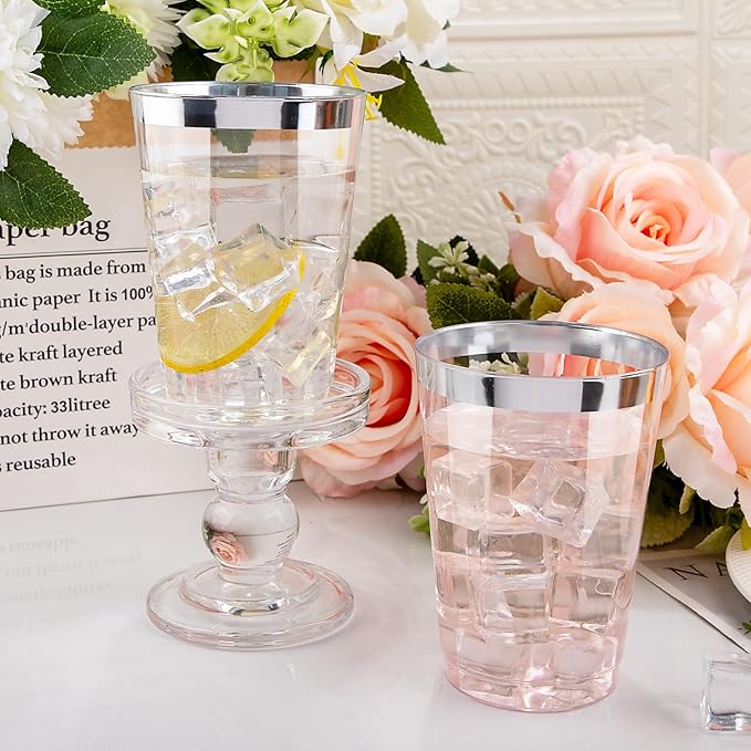 I00000 50 Pack 12 oz Silver Plastic Cups, Silver Rimmed Disposable Cups, Party Wine Glasses Disposable Cocktail Glasses Heavy Duty Cups with Silver Rim, 12 Ounce Plastic Tumblers For Party