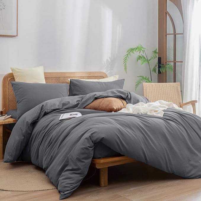 BESTOUCH Duvet Cover Set 100% Washed Cotton Linen Feel Super Soft Comfortable Chic Lightweight 3 PCs Home Bedding Set Solid Quiet Shade Grey Cal King
