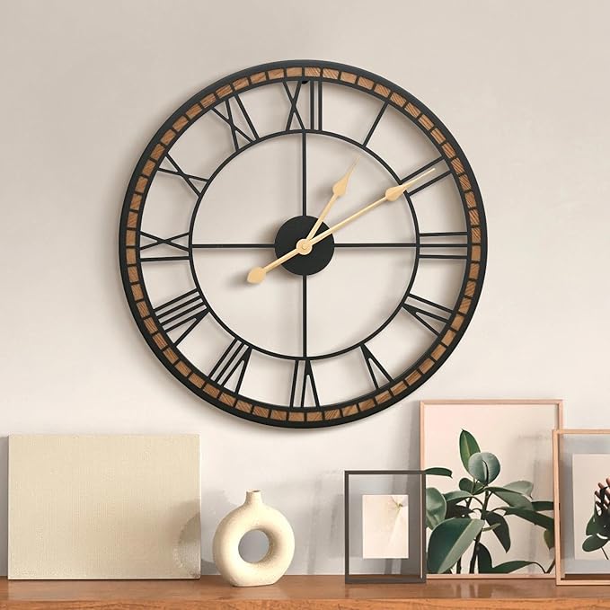 Micasso Large Farmhouse Wall Clock: 20 inch Modern Metal Black