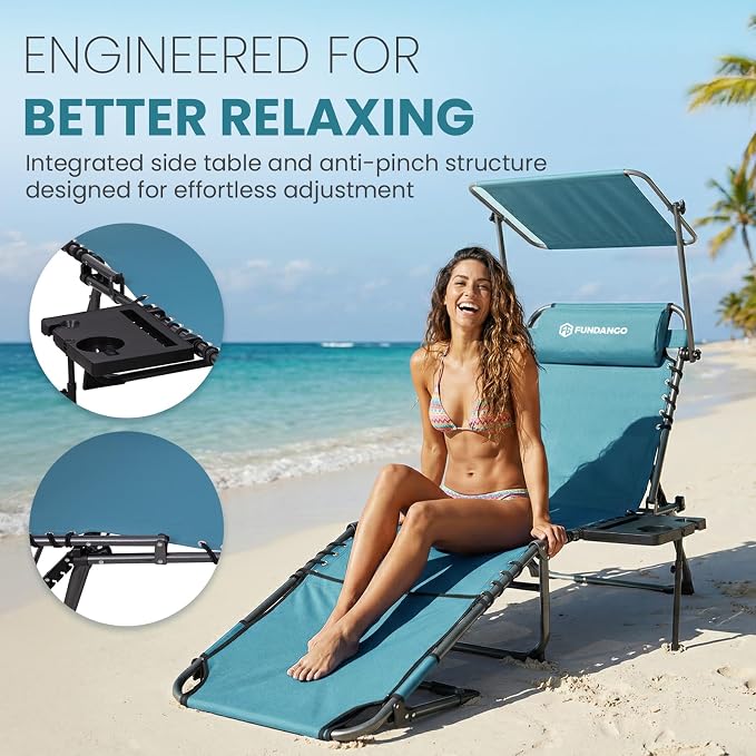 FUNDANGO 400lbs Heavy Duty Tanning Chair with Face Hole & Canopy, Cyan | Face Hole & Canopy, 400lbs Capacity, Side Table, 5-Position Sun Lounger, Anti-Pinch Safety Lock