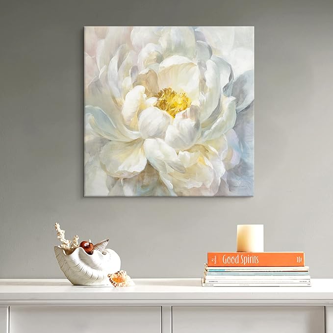 SEVEN WALL ARTS Peony Flower Canvas Wall Art Modern Yellowish Floral Picture Poster Print Abstract White Blossom Artwork for Bedroom Bathroom Kitchen Dining Room Home Decor 24"x24"