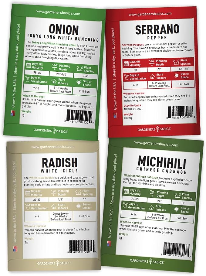 Gardeners Basics, Asian Vegetable Seeds for Planting 8 Packets Bok Choy, Michihili (Napa) Chinese Cabbage, Tatsoi, Onion, White Radish, Serrano, Eggplant for Your Non GMO Heirloom Vegetable Garden