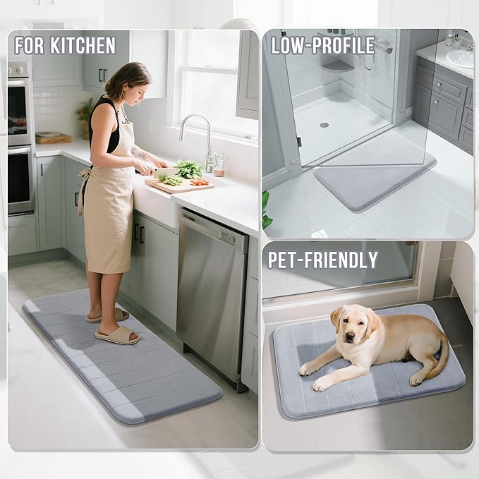 Yimobra Bathroom Runner Rugs 72"x24" Non Slip Washable Memory Foam Bath Mat, Super Soft Water Absorbent Hallway Carpet for Vanity Tub Shower, Silver