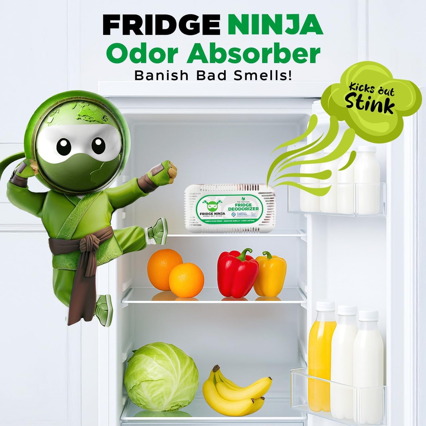 Fridge Ninja 2-Pack Unscented Activated Charcoal Fridge Deodorizer - More Effective Than Baking Soda