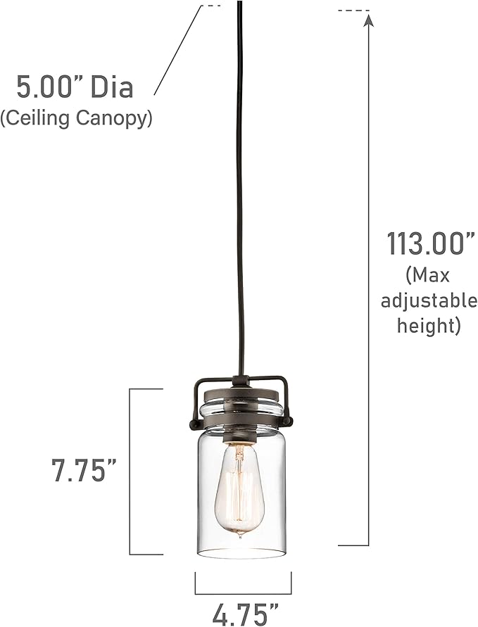 Kichler Brinley 7.75" Kitchen Pendant in Olde Bronze®, Mini Farmhouse Pendant with Clear Glass, (7.75" H x 4.75" W), 42878OZ, 1-Light