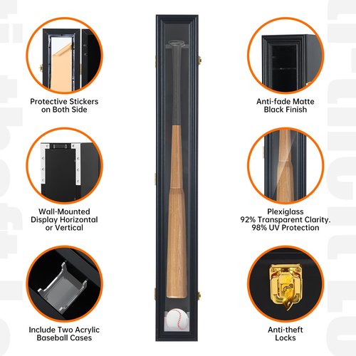 WGOS Baseball Bat Display Case, Baseball Bat Wall Mounted, Baseball Display Case, Wall Mounted Vertical or Horizontal Wood, with Two Bonus Baseball Cases (2-Pack)