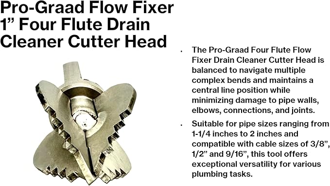 1?€? Spear 4 Flute Flow Fixer Drain Cleaner Plumbing Snake Cutter Head for 1-1/4?€? ?€? 2?€? Pipes, Clears & Scrapes Inner Walls, Fits 3/8?€? 1/2" or 9/16?€? Cables, Commercial & Residential Use