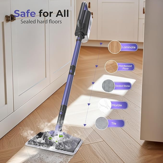 Steam Mop Cleaner with Detachable Handheld Steamer, 6-in-1 Multi Accessories, Removable Water Tank, 23FT Power Cable, Lightweight, Steam Cleaner for sealed Hard Floors (Violet)