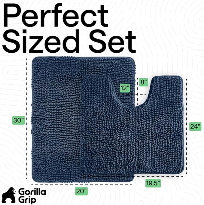 GORILLA GRIP Bathroom Rug Sets, Soft Chenille 2 Piece Area Rugs Set, Toilet Base Mat and 30x20 Carpet, Absorbent Microfiber Washable Mats Dry Quickly, Home Décor and Bath Room Accessories, Navy Blue