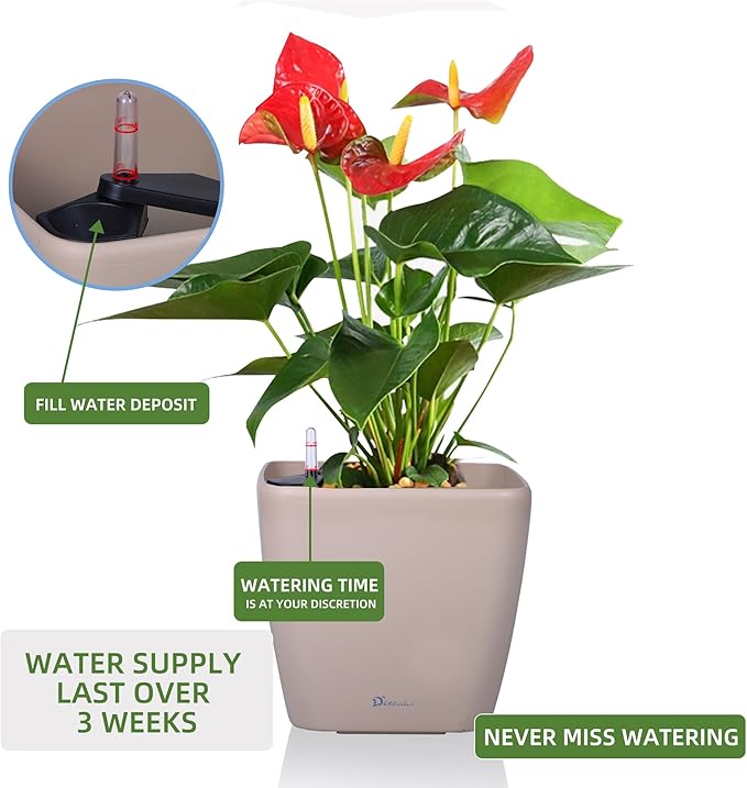 Dexceder 15x14 Self Watering Planter with Wheels Indoor Outdoor, Inner Mat Design, Thickened Large Floor Standing Flower Plant Pot with Water Level Indicator (Taupe Matte)