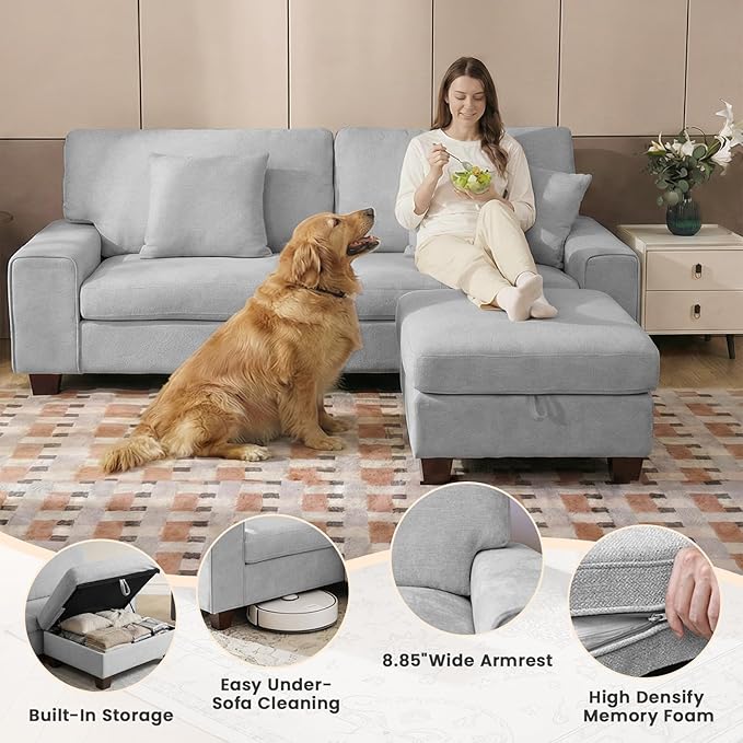 DOPEDIO L-Shaped Sectional Sofa with Storage Ottoman, Modern Chenille Recliner Loveseat, Removable Couch Covers, Pocket Spring Cushions, Solid Wood Frame, Easy to Install (88.58inch, Light Gray)